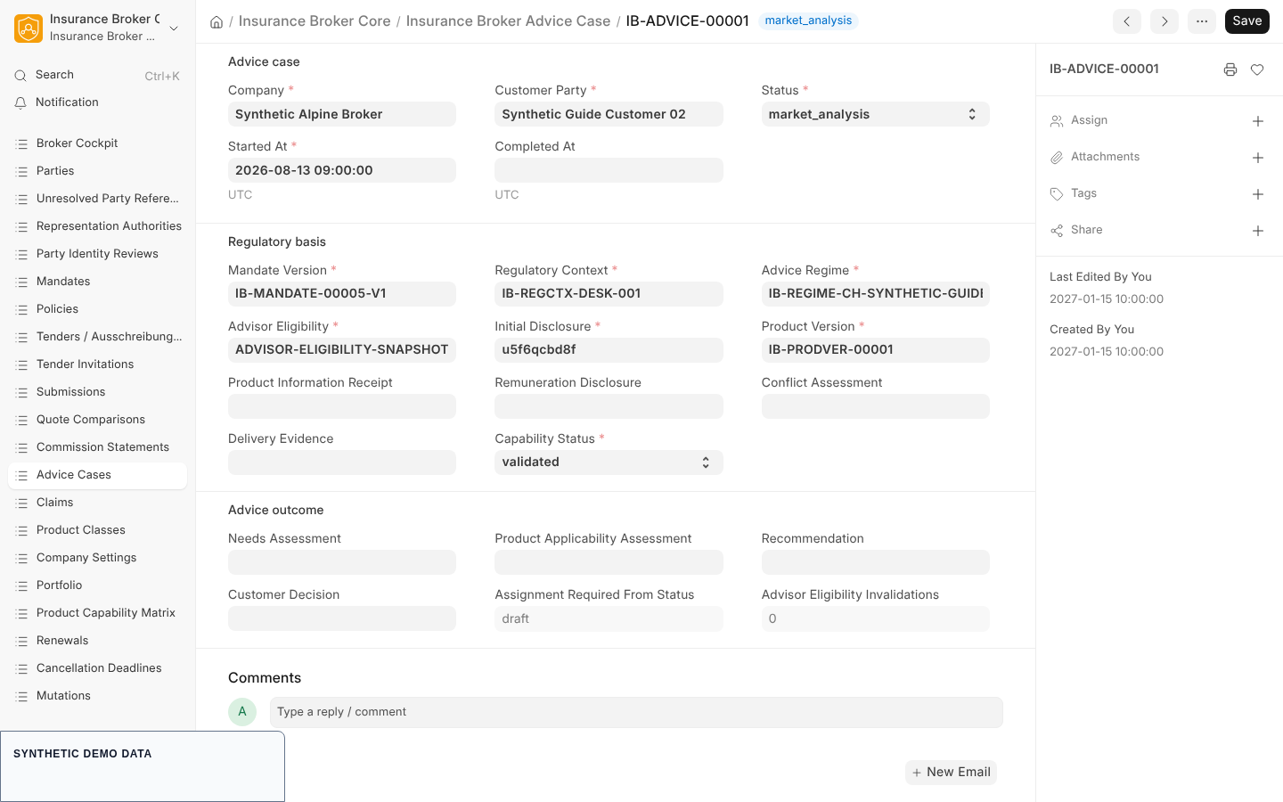 An advice case form with the customer, the pinned mandate version, the regulatory context and the advisor eligibility snapshot.