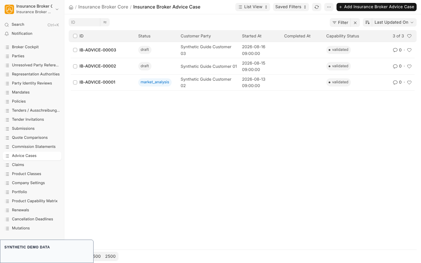 The list of advice cases with ID, status, customer party, start and completion time and capability status.