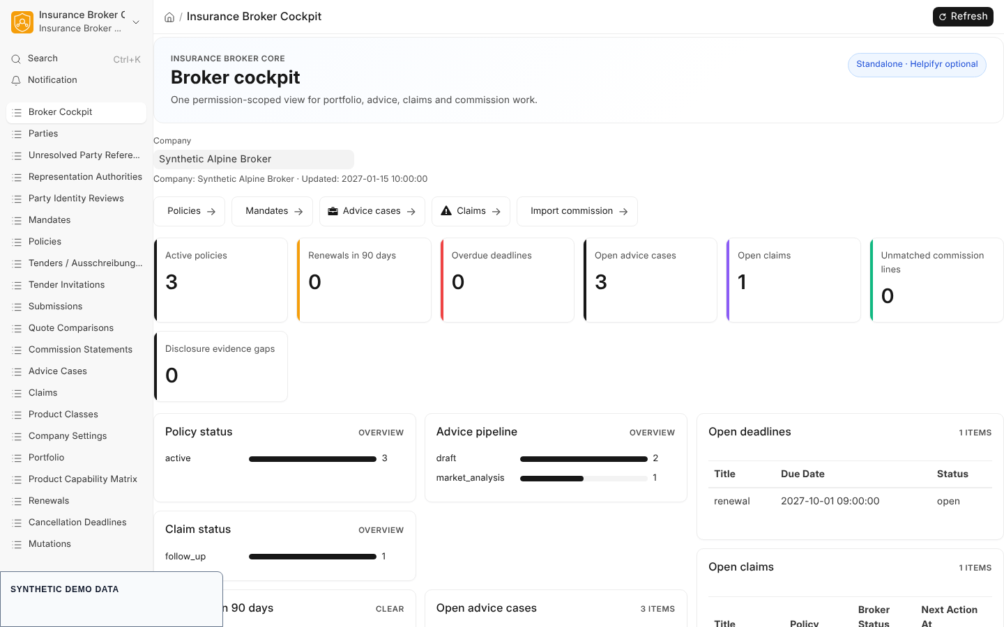 The broker cockpit page with the company selector, quick actions, metric cards, the policy, advice and claim status charts and the first panels of open work for the selected company.