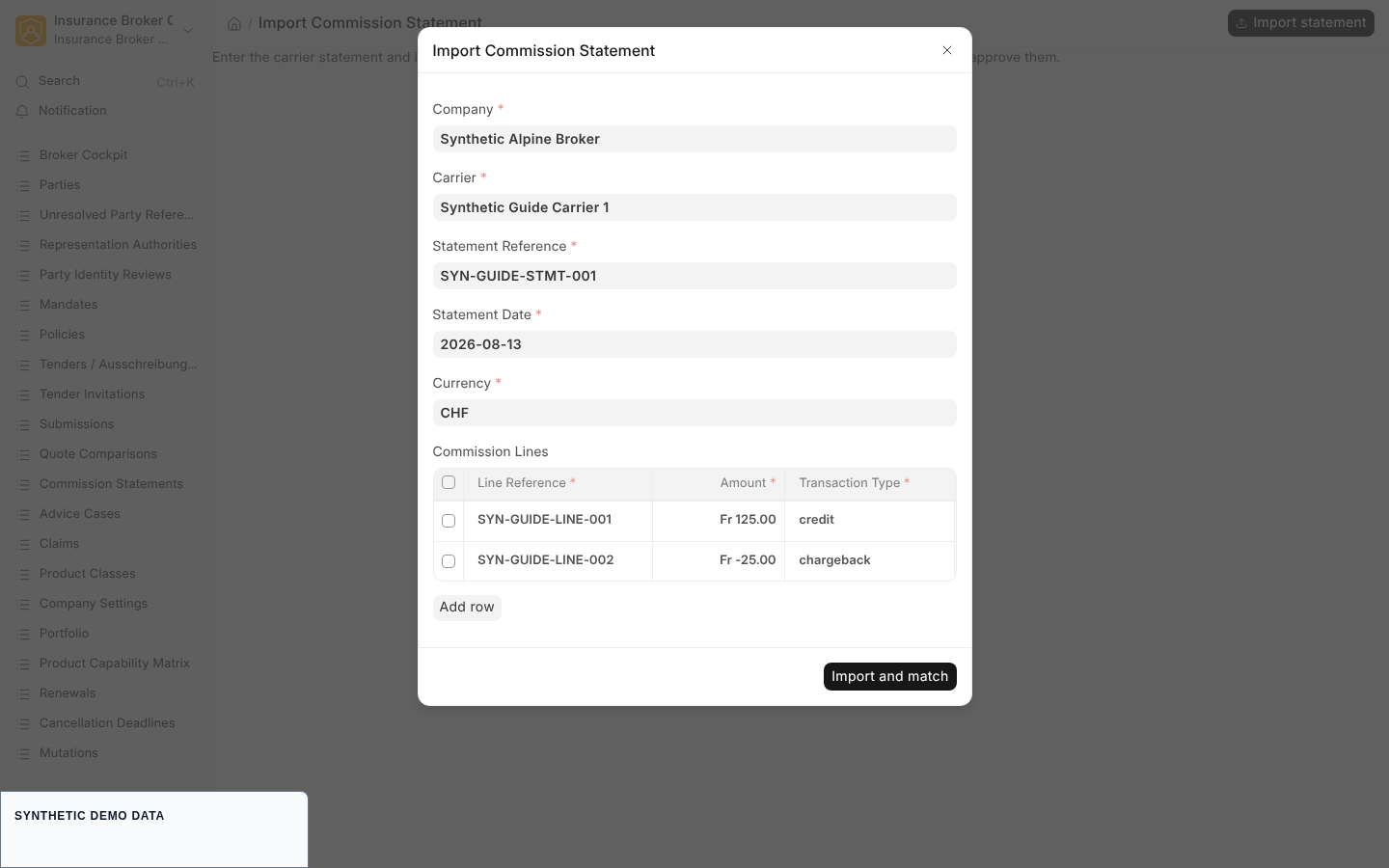 The commission statement import dialog filled with company, carrier, statement reference and two statement lines, one credit and one chargeback.