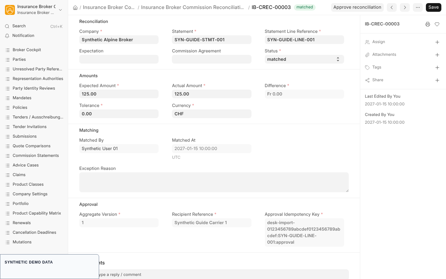 A matched commission reconciliation, opened by the person who matched the line, with the Approve reconciliation button, the amounts and the matching section.