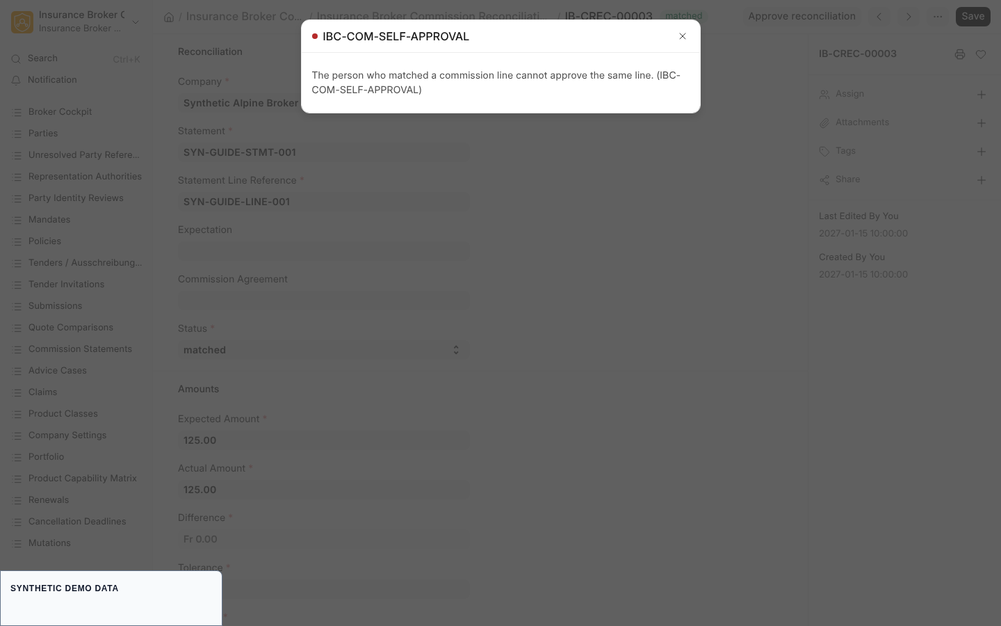 The message that blocks the person who matched a commission line from approving the same line.