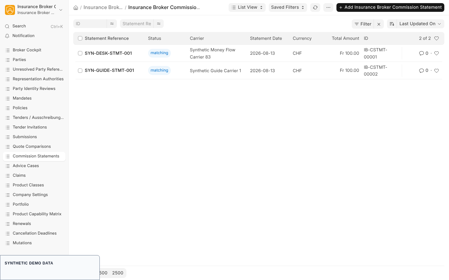 The list of commission statements with reference, carrier, date, status, currency and total amount; the synthetic site holds two statements.