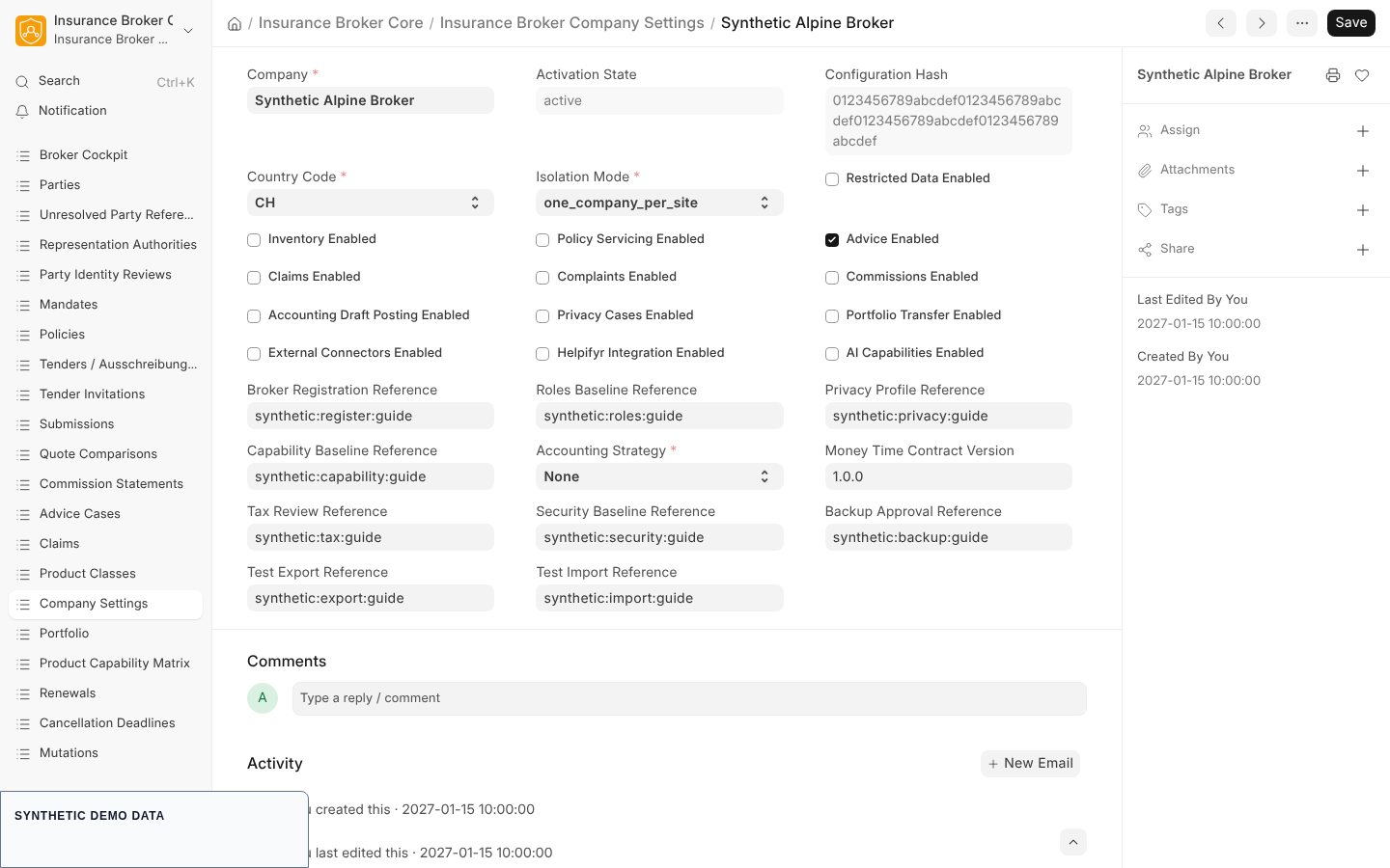 The company settings form with country, isolation mode, the capability switches, accounting strategy and the activation references.