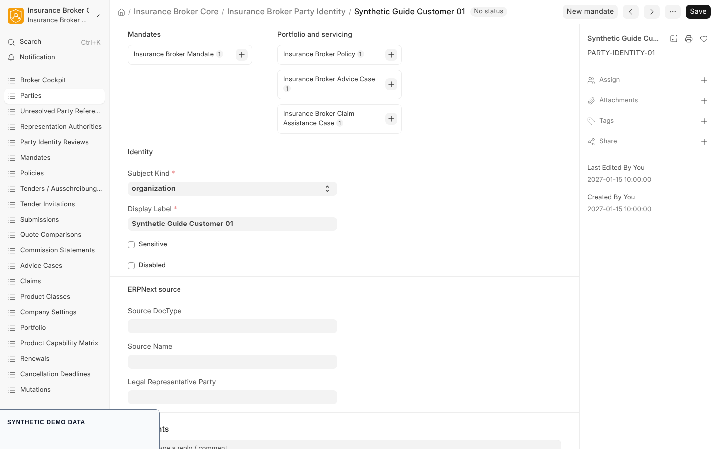 A party identity form for a synthetic organization with its connections to mandates, policies, advice cases and claims, its subject kind and display label.