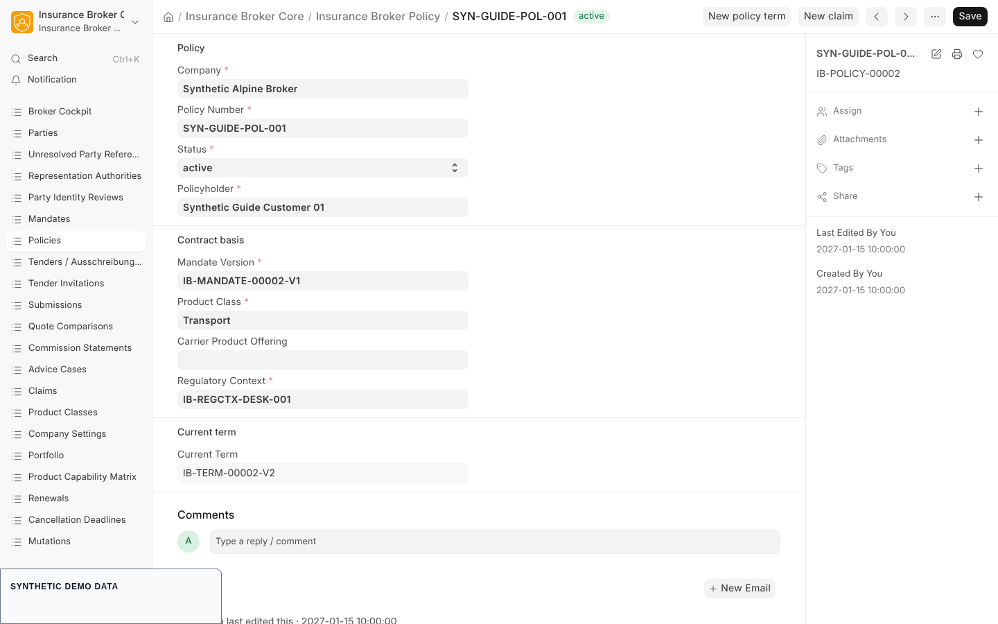 A policy form with policy number, status, policyholder, mandate version, product class and the current term, and the New policy term and New claim buttons.