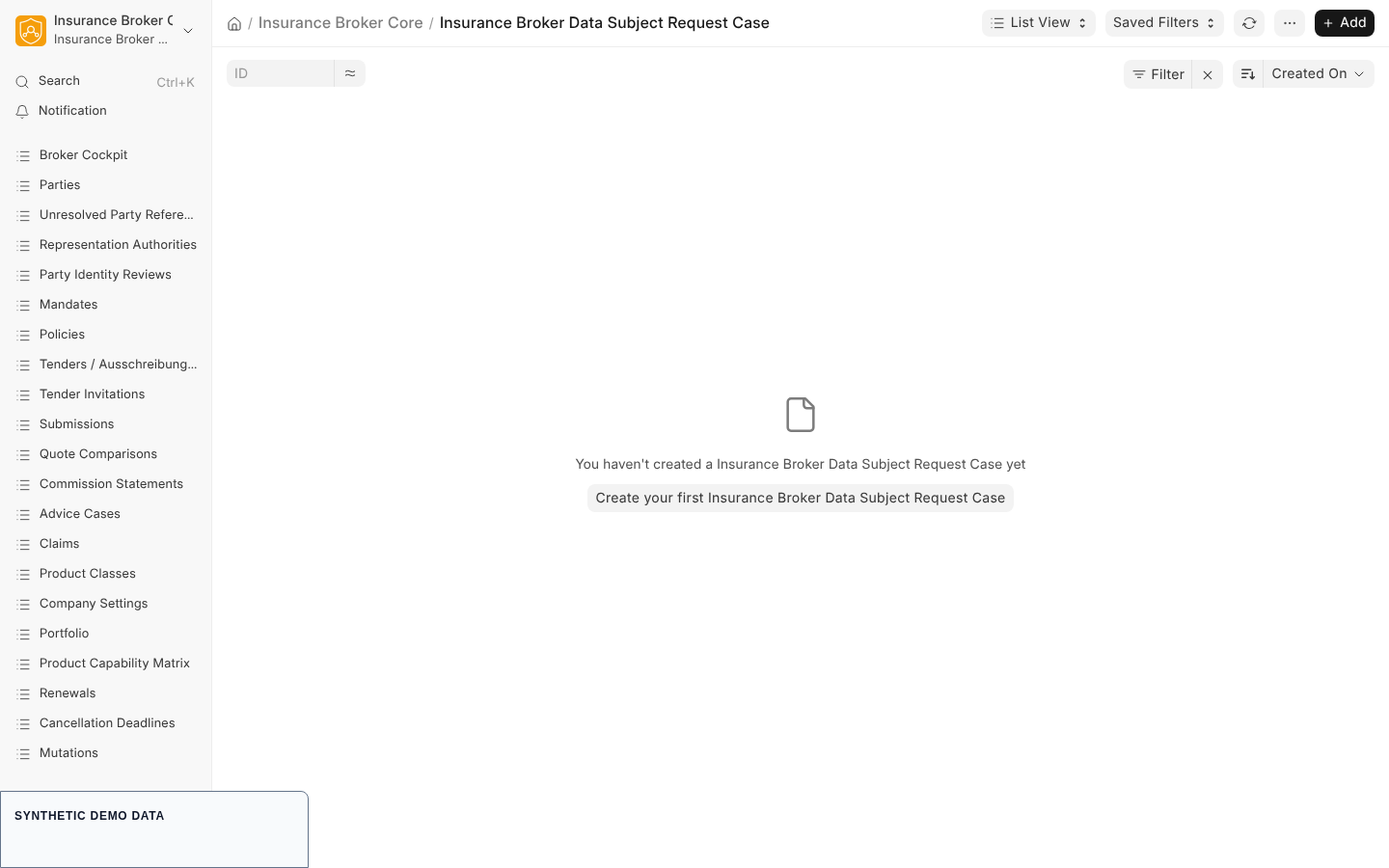 The list of data subject request cases of the privacy workflow; it is empty on the synthetic site.