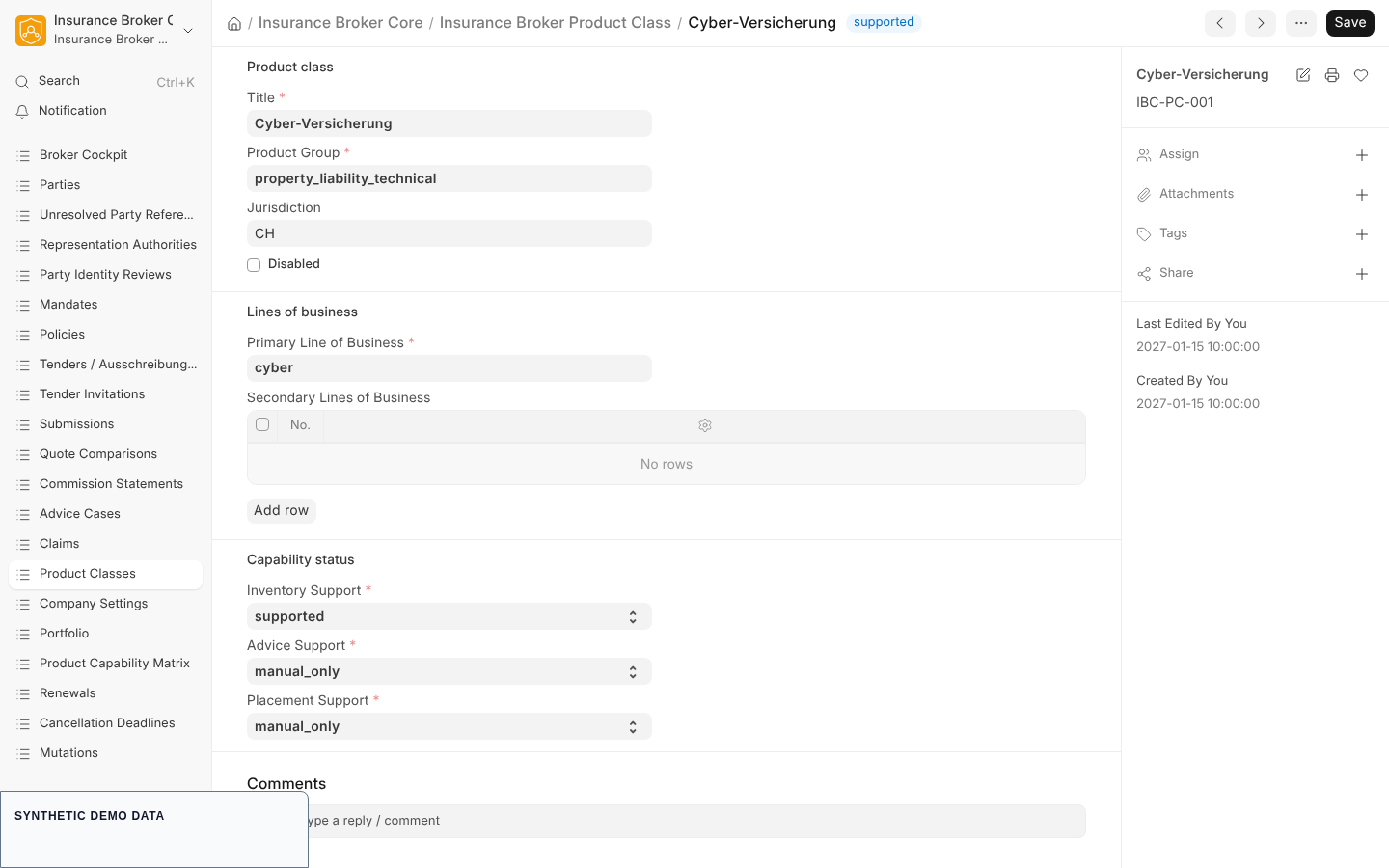 The Cyber-Versicherung product class form with its group, primary line of business and the support status for inventory, advice and placement.