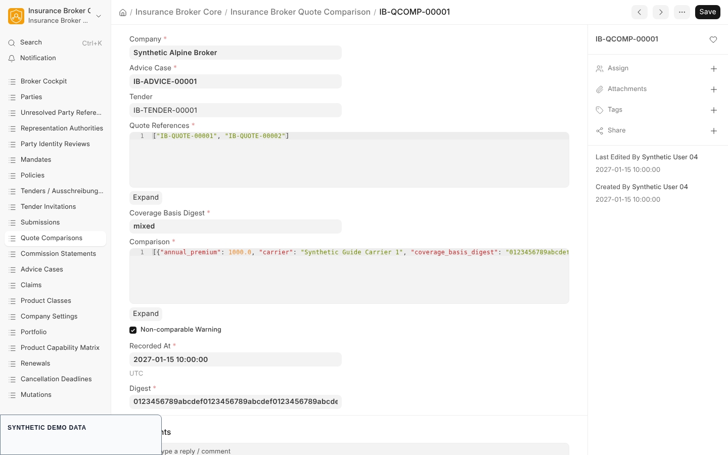 A quote comparison built from the quotes received for a tender, with the coverage basis digest and the recorded comparison data.
