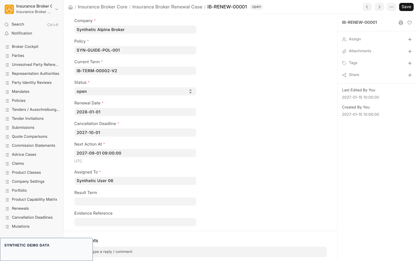 A renewal case for a policy with renewal date, cancellation deadline, next action and assignee.