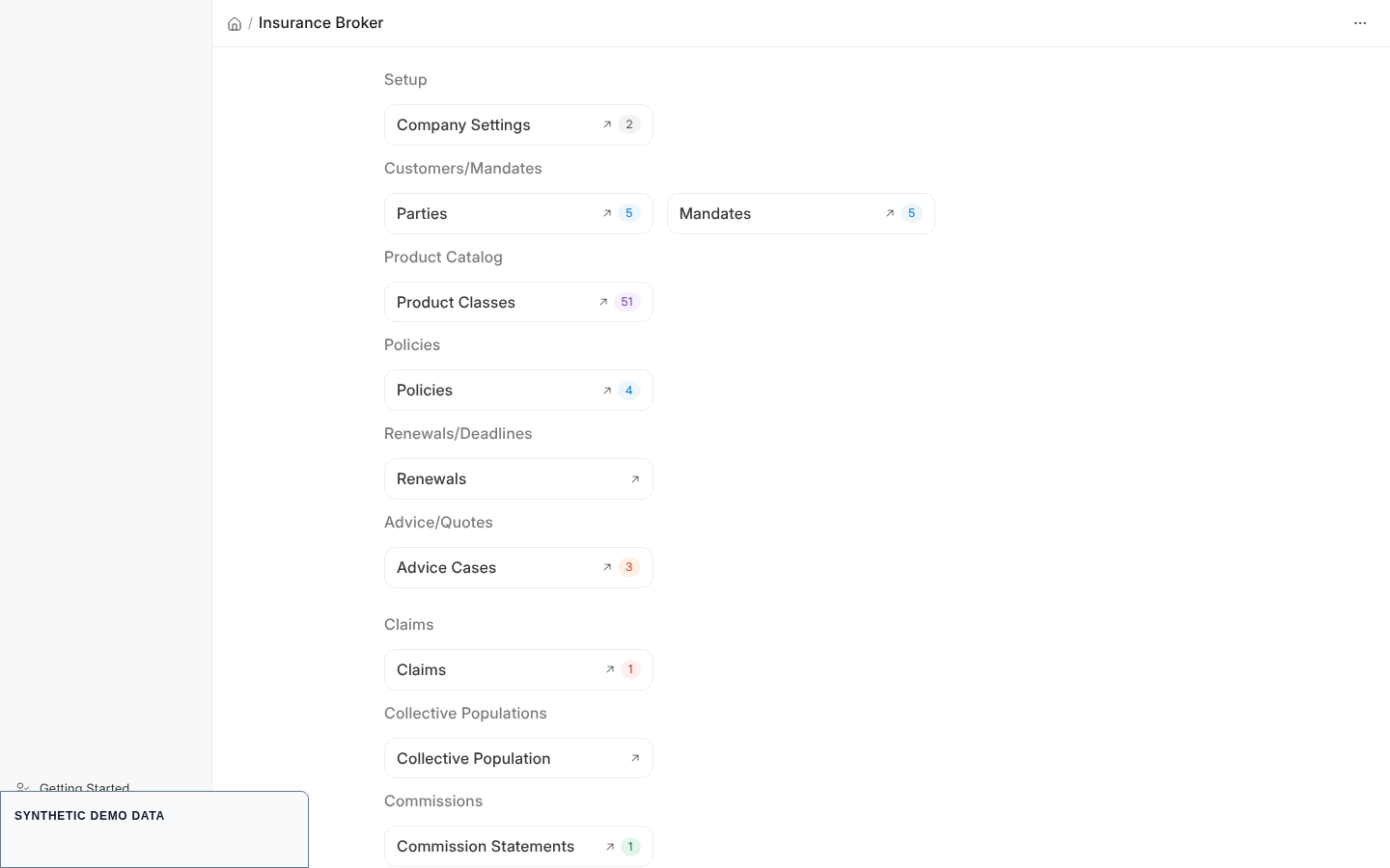 The Insurance Broker workspace in the Desk with shortcut groups for setup, customers and mandates, product catalog, policies, renewals, advice, claims, collective populations and commissions; the left sidebar list is empty on this route.